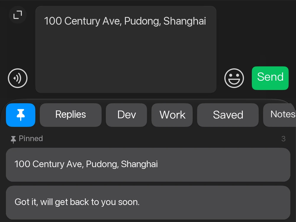 PasteQ keyboard with Pinned selected and the same saved address inserted into a text field; example content