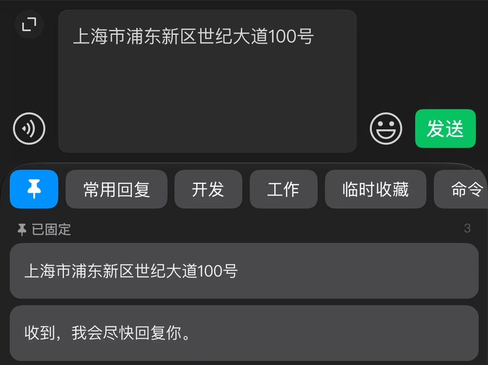 PasteQ 扩展键盘选中“已固定”,点选保存的地址后填入上方输入框,内容为示例